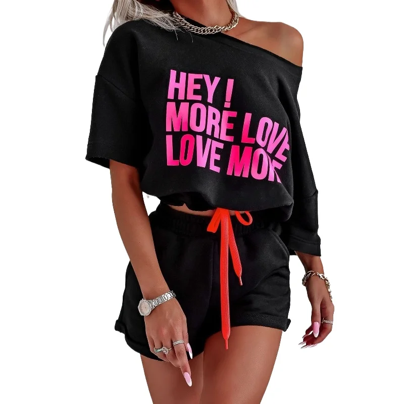 2026 Cross-border Amazon Europe, America, Spring  Summer Fashion Sports Two-piece Set Short Sleeve Letter Printed Top Shorts Set