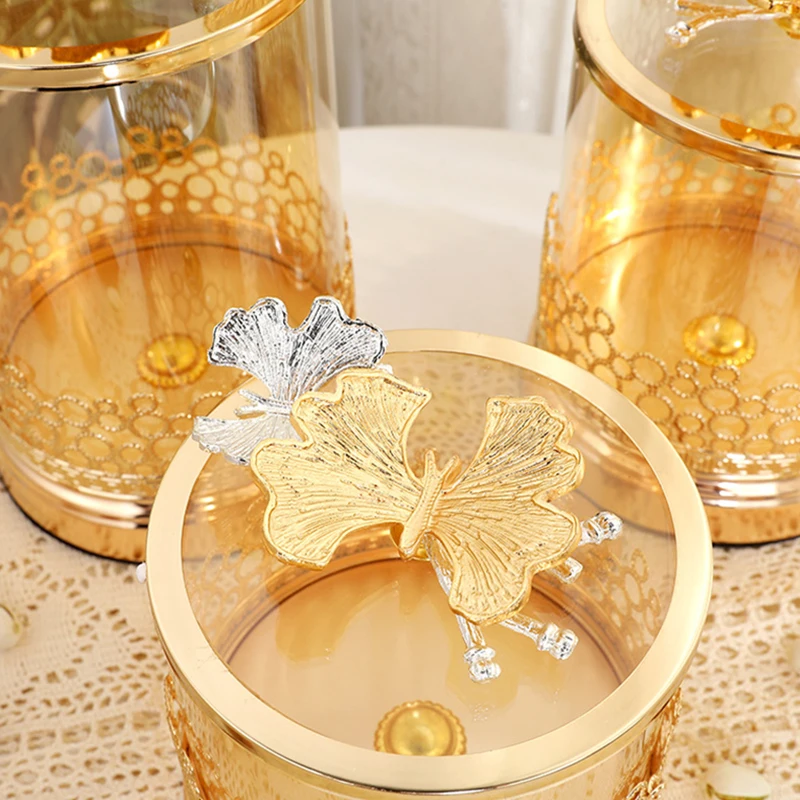 European Style Gold Butterfly Jewelry Box Glass Candy Jar with Lid Room Fruit Dessert Tea Cup Glass Box Metal Openwork Ornament