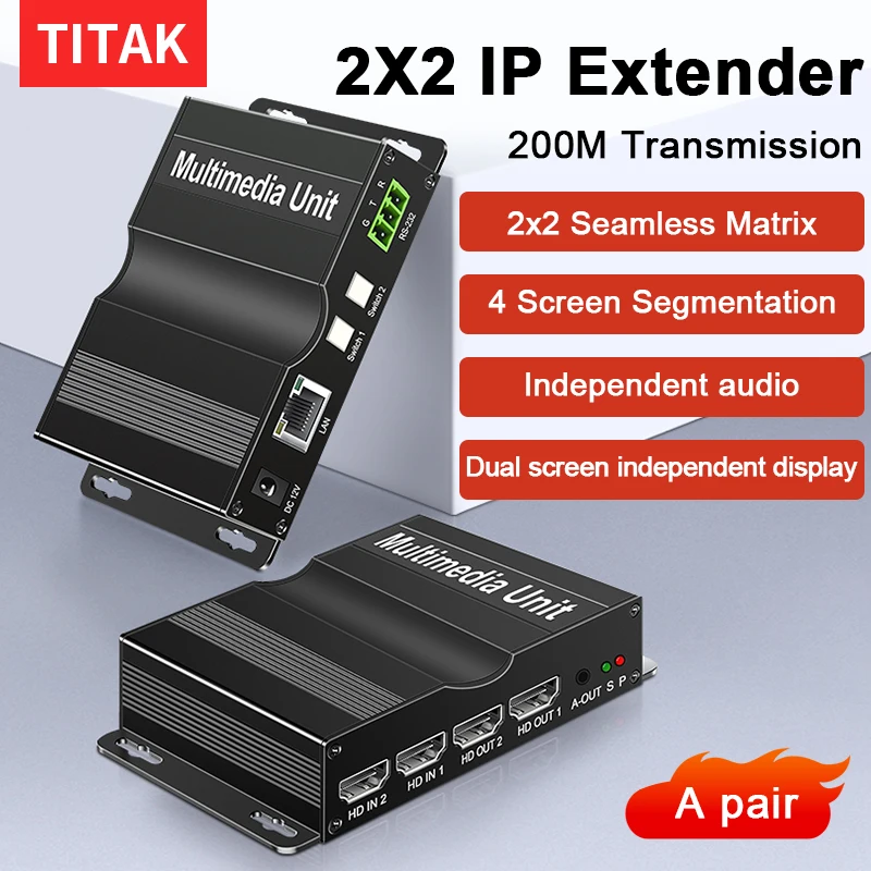 2X2 Matrix IP HDMI-compatible Ethernet Extender Via CAT5E RJ45 Network Cable 200m Video Transmitter Receiver for Camera PC To TV