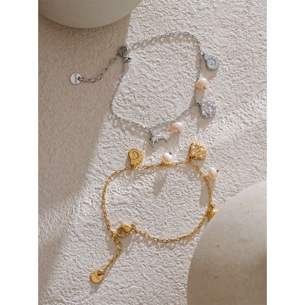 Yhpup Ocean Style Stainless Steel Shell Conch Dolphin Pearls Drop Charm Anklet Fashion Exquisite Jewelry Bijoux Femme