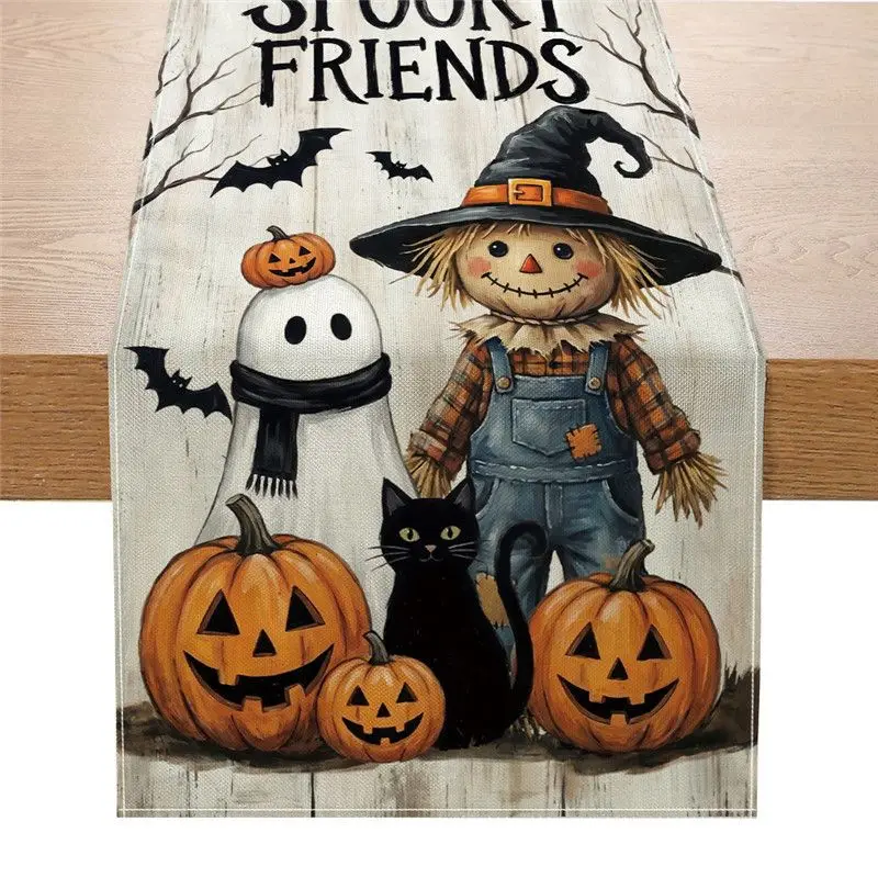 VIKAMA 2/4/6pcs Halloween Table Runner Black Cat Ghost Pumpkin Bat Linen Table Flag Halloween Party Home Desktop Decoration