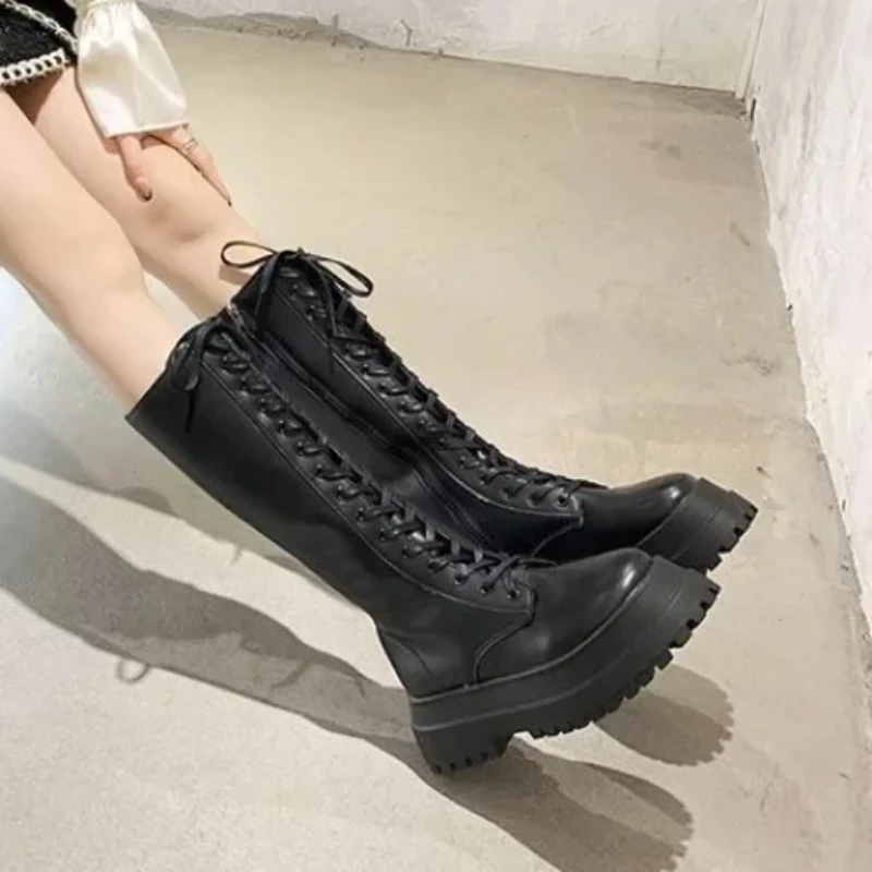 Long Boots Women Strappy Side Zip Women\'S Shoes Thick Sole Round Toe 2025 Autumn Winter New Fashion Tall Knee High Knight Boots