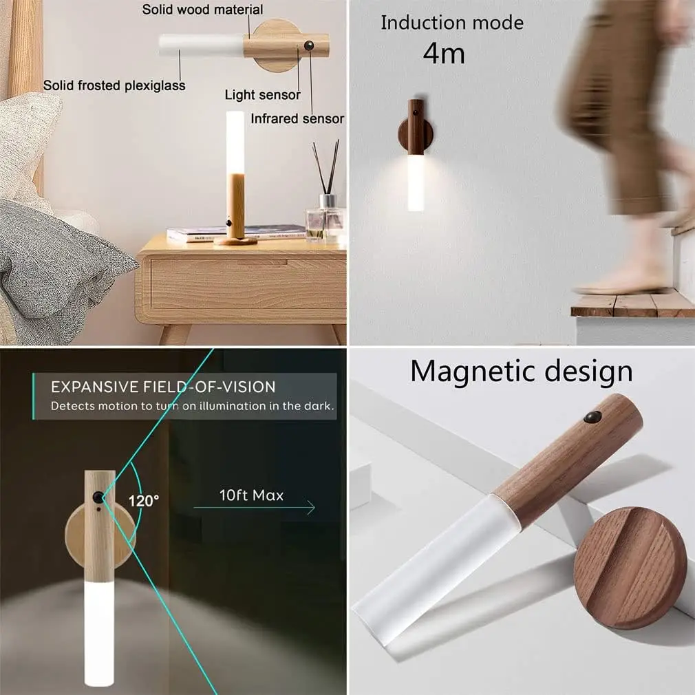 Night Light Motion Sensor Rechargeable Wireless LED Wall Lamp 360°Rotation Magnetic For Room Kitchen Stair Cabinet Lights