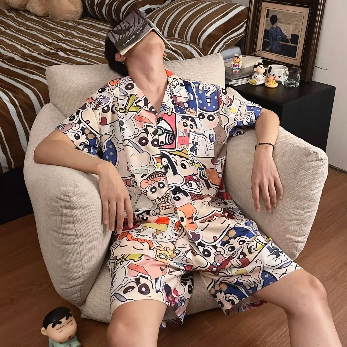 Anime Men Crayon Shin-Chan Couple Pajamas Set, Short Sleeve Print Loungewear, Summer Soft Breathable Sleepwear for Teens Adults