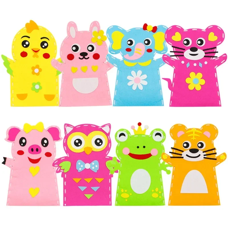 Children Cartoon DIY Hand Puppet Craft Toys Kindergarten Educational Non-Woven Handmade Paste Material Sewing Kits Kids Gifts