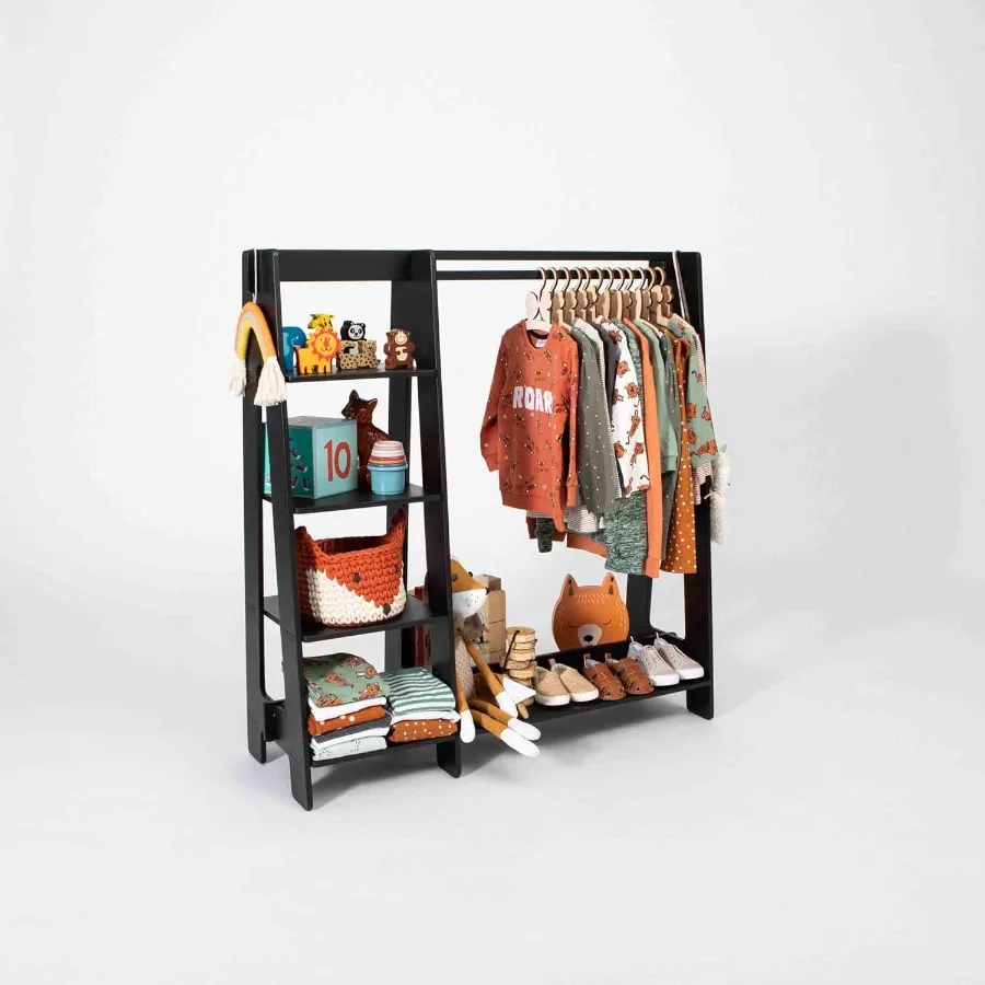s Wardrobe - Wooden Clothes Rack with Hanging Rail Display Shelf for - DIY Dressing Furniture Open Closet for Easy to Assemble