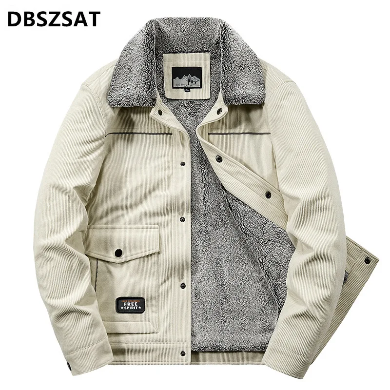 

2023 New Autumn Winter Corduroy Jacket Men Outdoor Casual Lapel Fur Collar Fleece Thick Windbreaker Coat Men Warm Outerwear