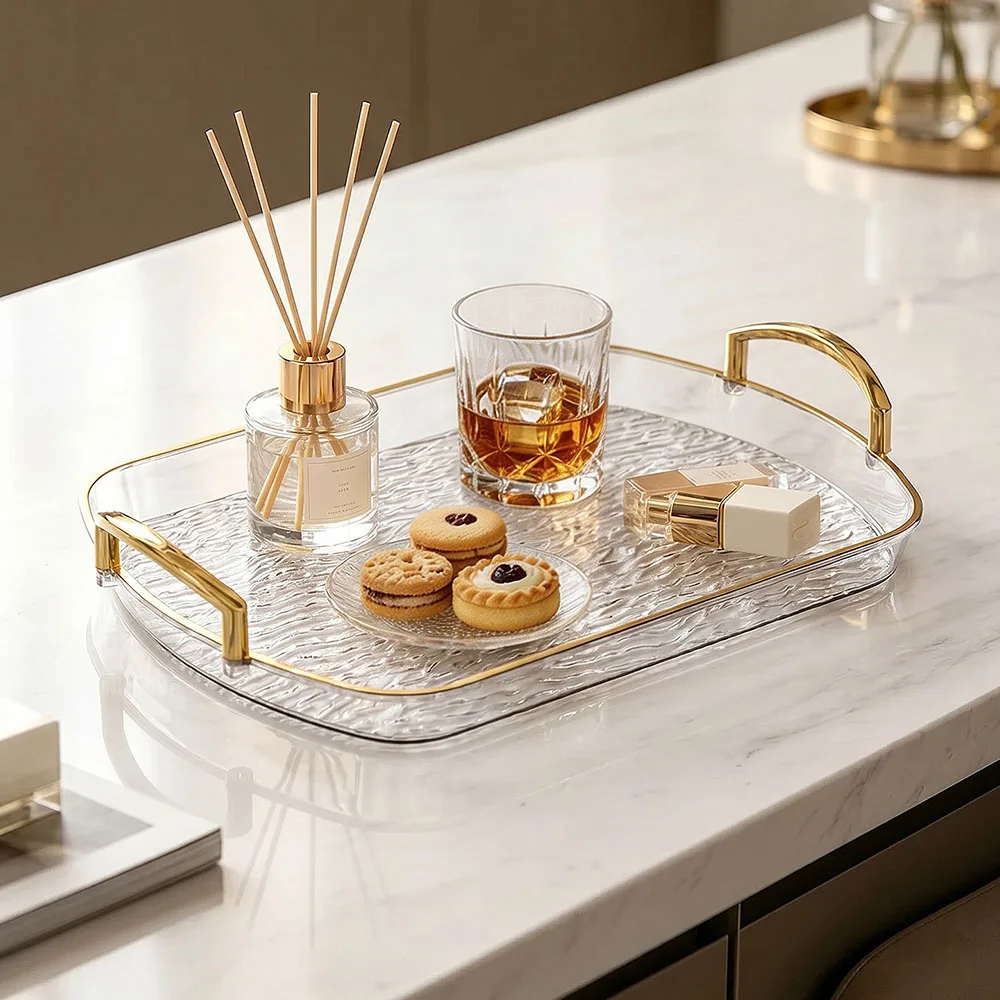 Luxury Water Ripple Acrylic Tray Gold Handles Rectangular Cosmetic Storage Tray Coffee Table Home Decor Gift