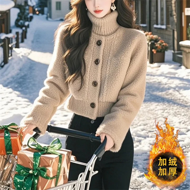 

Khaki High Necked Lambhair Jacket Women's Coat Spring Autumn Outerwear Young Fashion Fleece Short Jacket Outerwear Female