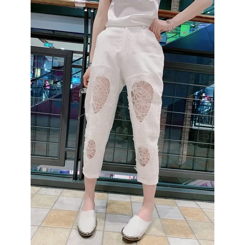 

Female Clothing 2023 Summer New Linen Pants Are Thin Nine Points Lace Patchwork Hole Hollow Casual Pants Fashion Women's Pants