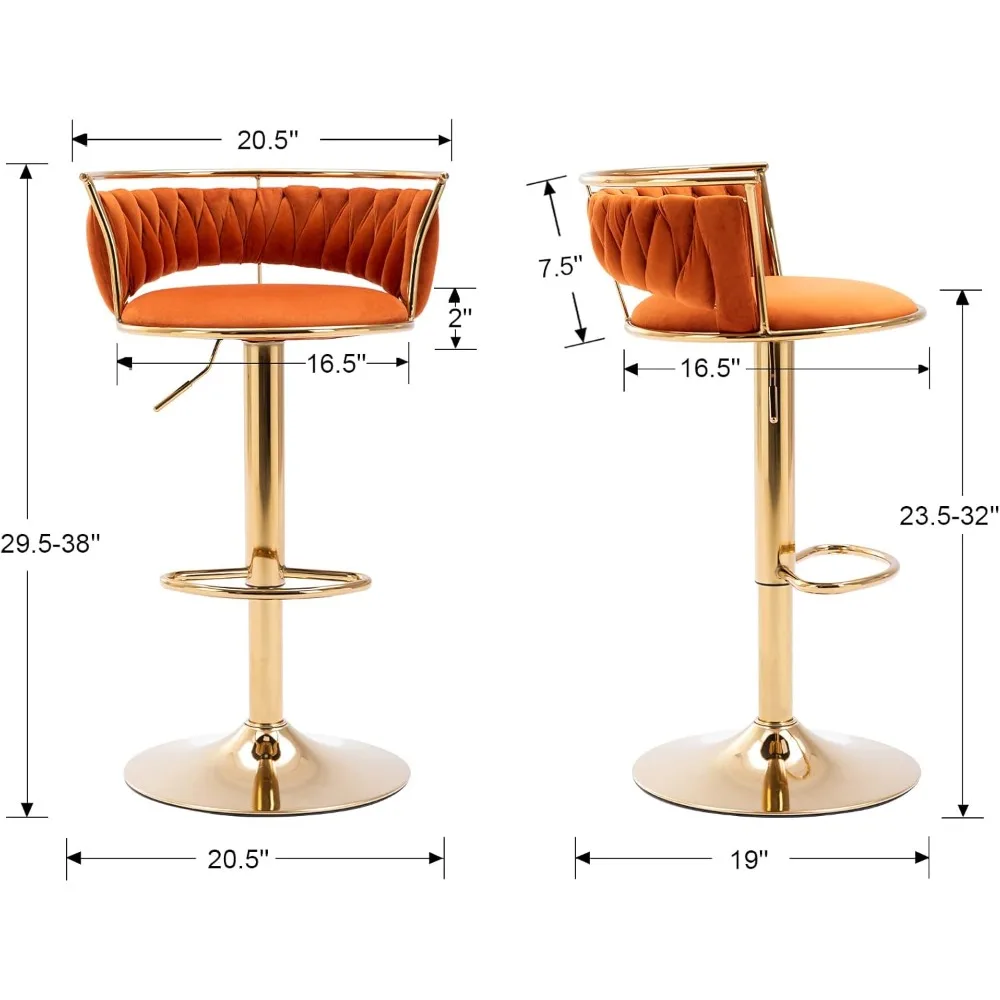 Drehbare Barhocker, 2er-Set, Samt, höhenverstellbare Barhocker, Kücheninsel-Theke mit niedriger Rückenlehne und goldenem Sockel, moderner Barstuhl