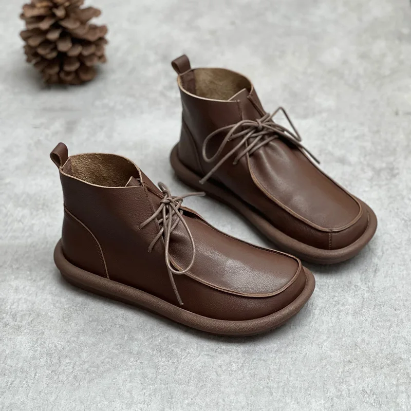 

Autumn New Handmade Genuine Leather Women's Soft Sole Round Toe Lace up Casual Martin Boots Outdoor Trekking Walking Ankle Shoes