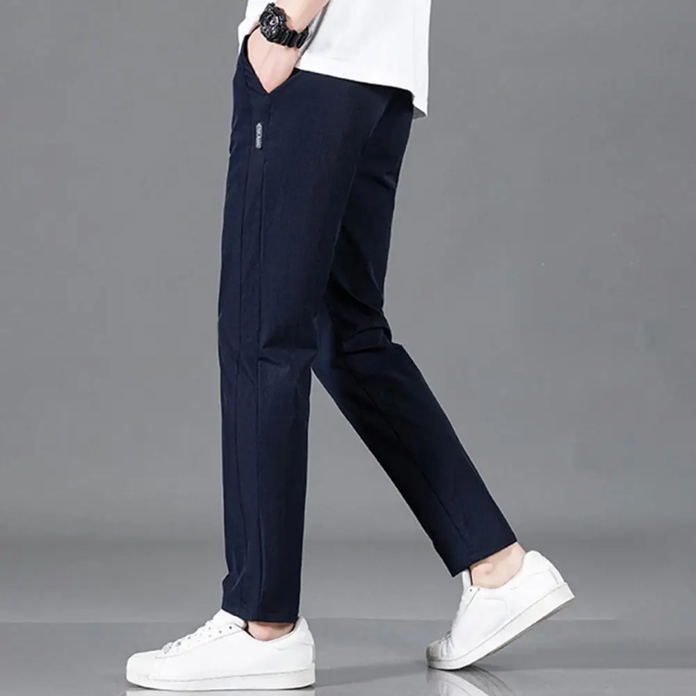 Lightweight Summer Pants Slim Fit Quick Dry Men's Gym Training Jogging Sweatpants with Elastic Waist Side Pockets Solid Color