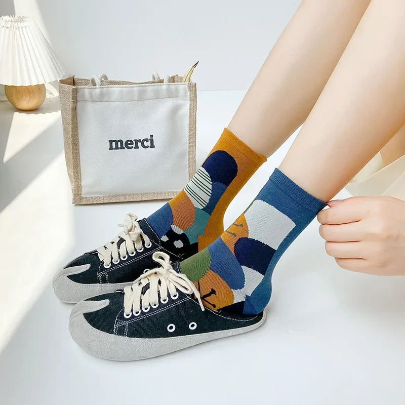 Women Colorful Jacquard Two-Toed Socks Combed Cotton Soft Breathable Split Toe Socks Funny Chic Plants Leopard Striped Tabi Sock