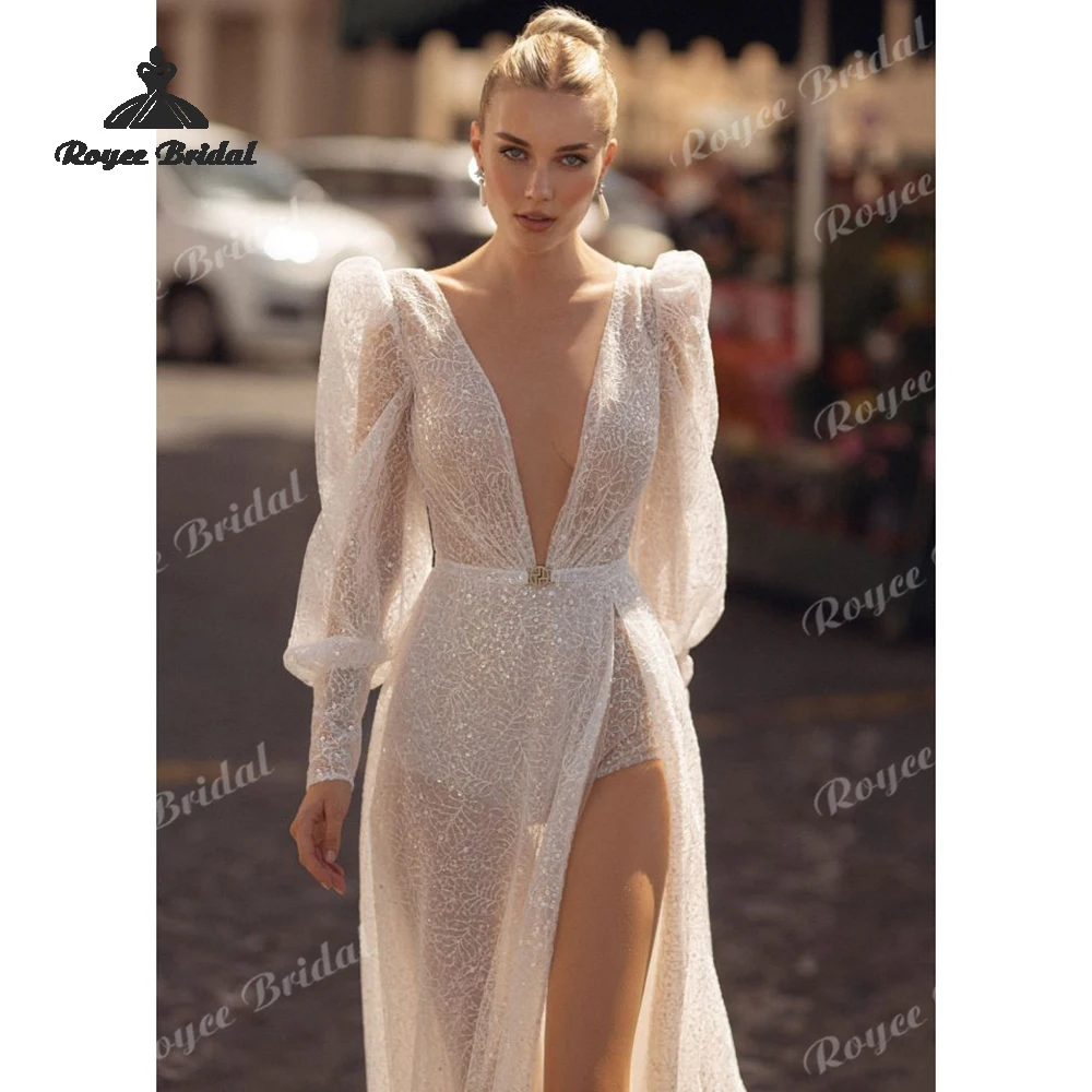 Sexy Shining Deep V Neck A Line Wedding Dresses 2026 Puff Sleeves Slit Customized Beach Bridal Gown Custom Vestido De Novia