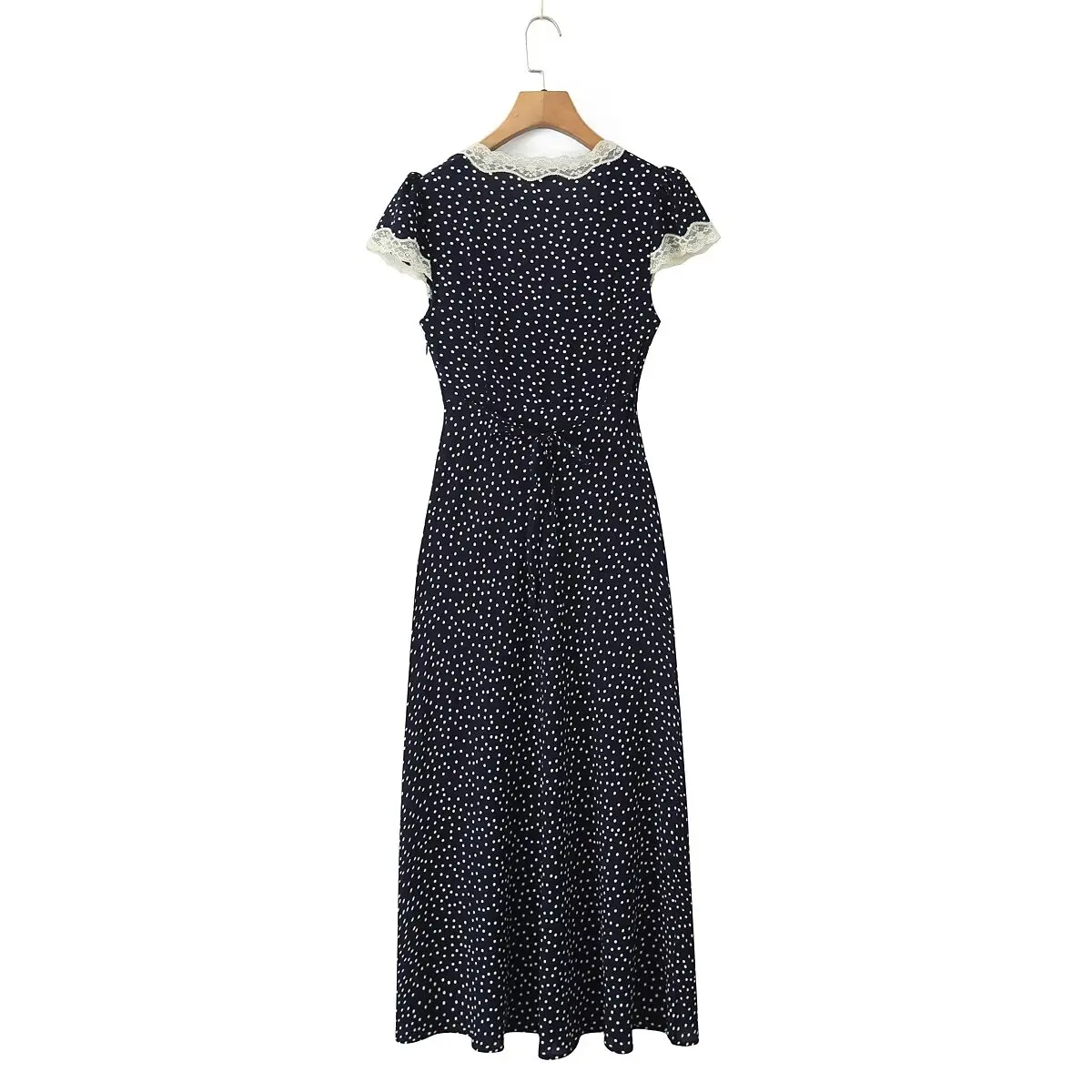 YENKYE 2025, Damen-Kleid, marineblau, gepunktet, langes Kleid, Spitzenbesatz, V-Ausschnitt, kurze Ärmel, A-Linie, elegante Urlaubskleider, Sommer-Maxi-Robe – Detail 14
