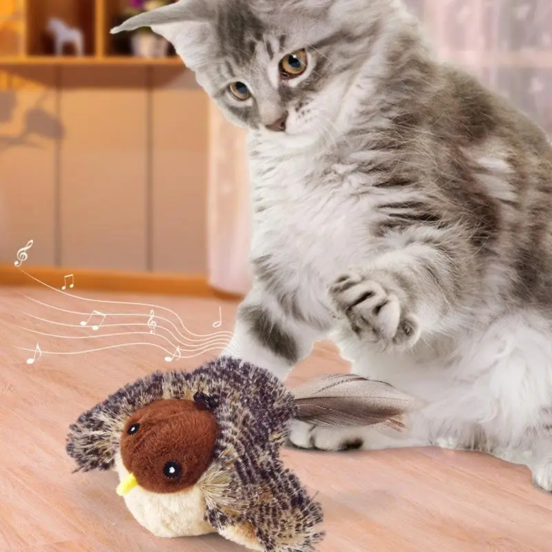 Realistic Simulation Of Chirping Flying Bird Cat Toy With Feather Tail Touch Activated Pet Cat Interactive Plush Toy