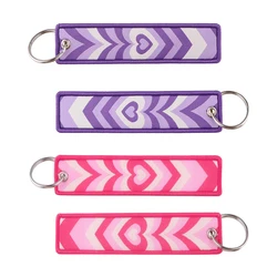 Pink Purple Key Tag Heart Embroidered Jet Tags Motorcycles Cars Keychains Backpacks Accessories Fashion Keyrings Gifts 1PCS