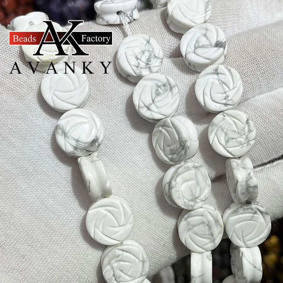 Natural Stone White Turquoise Cake Rose Flower Shape Faceted Loose Beads Jewelry Making DIY Necklace Bracelet Accessory 15''14mm