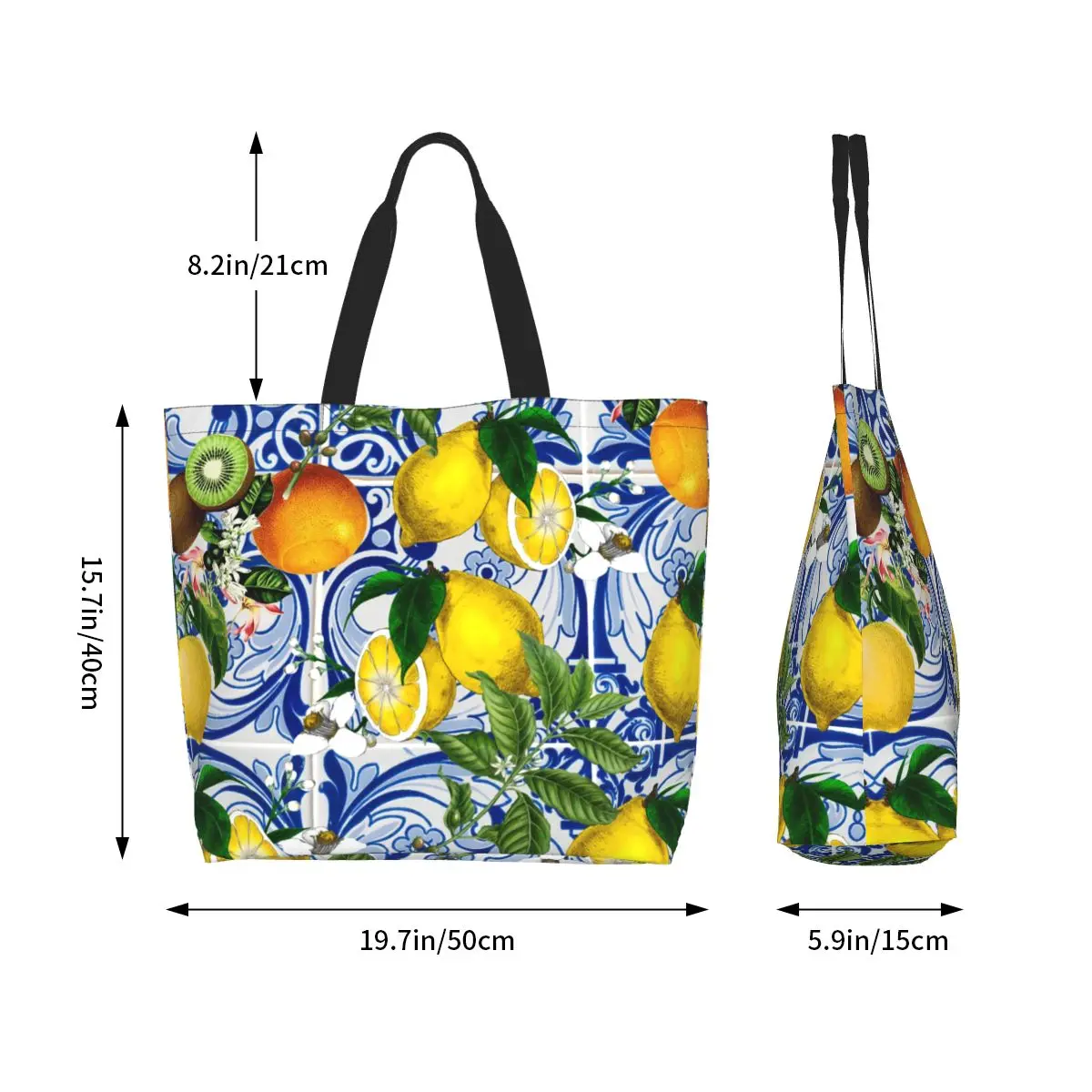 Limone su piastrelle di ceramica blu borse per la spesa in tela Shopper Tote borsa a tracolla borsa portatile estiva per agrumi di grande capacità