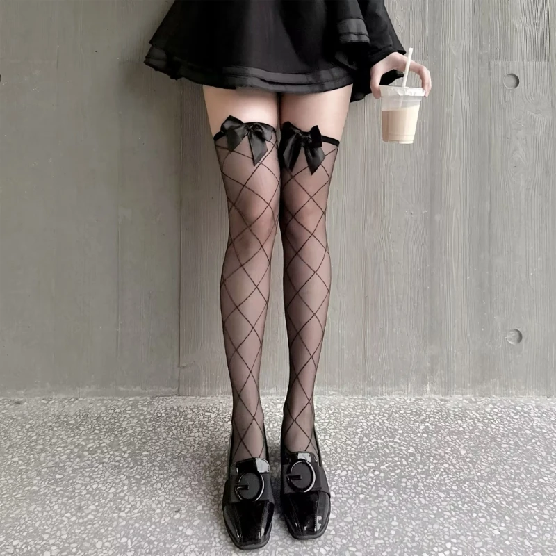 E15F Elegant Bows Top Thigh High Stockings for Fashion Forward Women See Through Argyle Pattern Over the Knee Long Socks