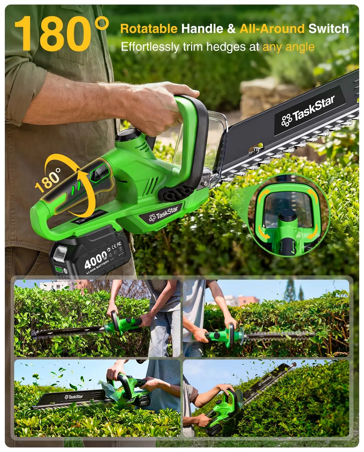 TaskStar 22" Electric Hedge Trimmer with 180° Rotatable Handle & Debris Remover & 550mm SK5 Dual Edge Blade 20V Cordless Hedge Clippers for Shrub Trimming with 2 4.0Ah Batteries - view 4