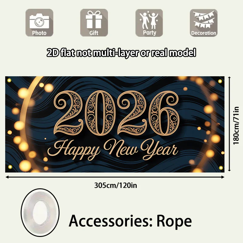 خطة ثنائية الأبعاد، قطعة واحدة من علم باب السنة الجديدة السعيدة لعام 2026 - مصممة في عطلة الذهب والأزرق مع الألعاب النارية