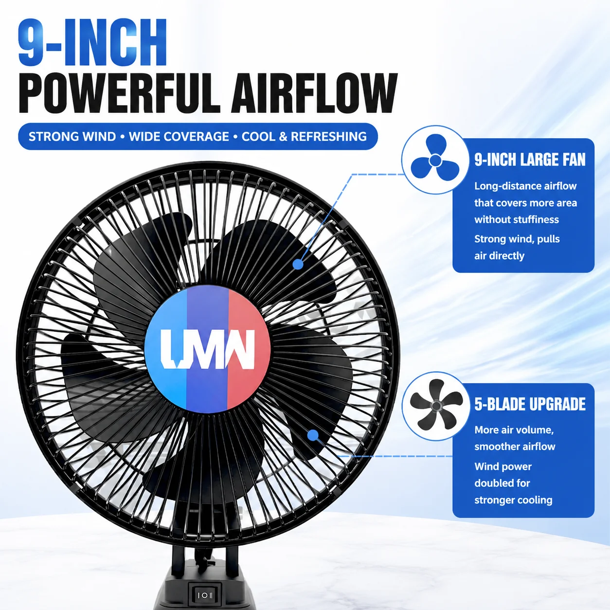 9-inch two-speed portable fan, compatible with Makita batteries, for outdoor camping, construction sites, and fishing
