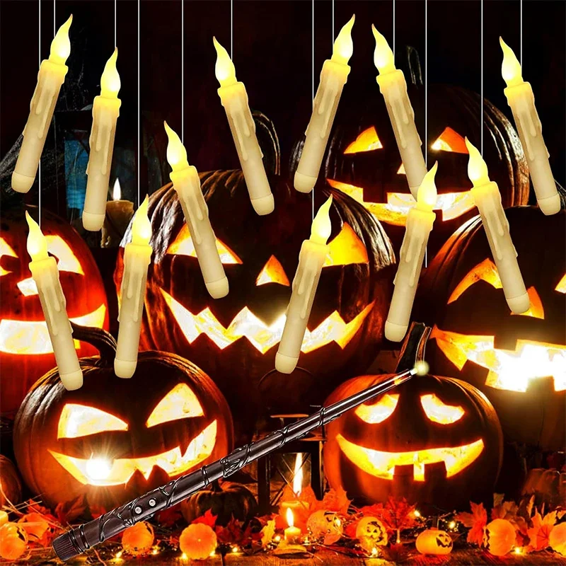 Floating LED Candles with Magic Wand Remote Flameless Flickering Warm Light Battery Operated Taper Candle Birthday Halloween