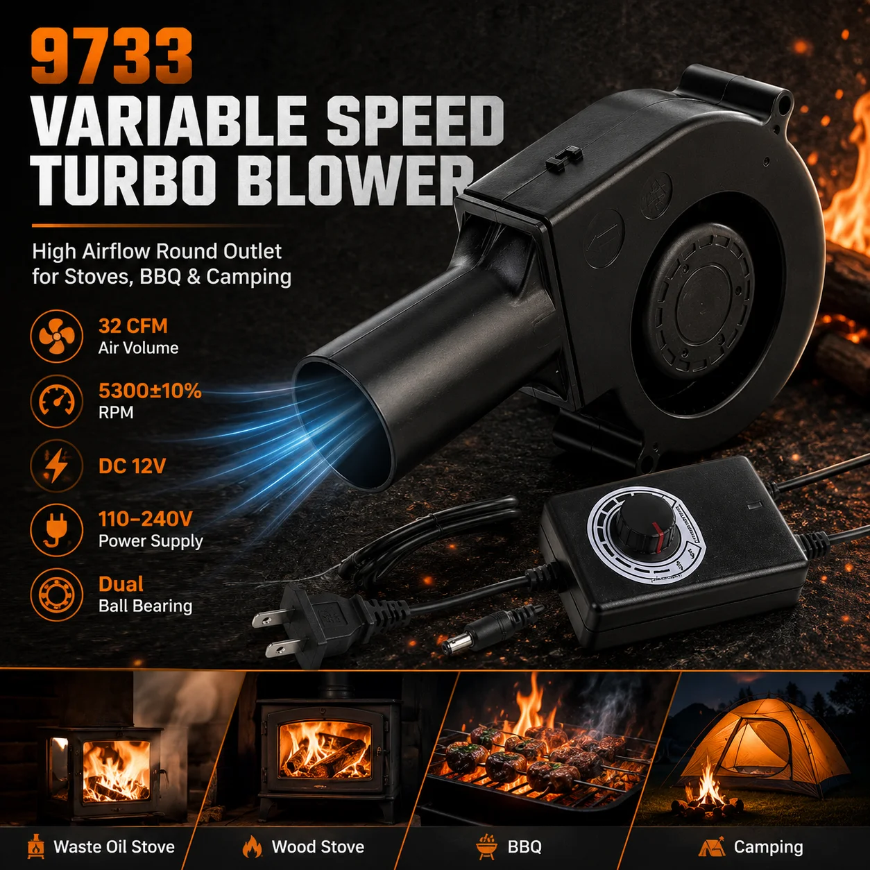 Turbo Blower Fan Speed High Airflow DC 12V Air Blower for Waste Oil Stove Wood Burning Stove BBQ Grill Camping Fire Support