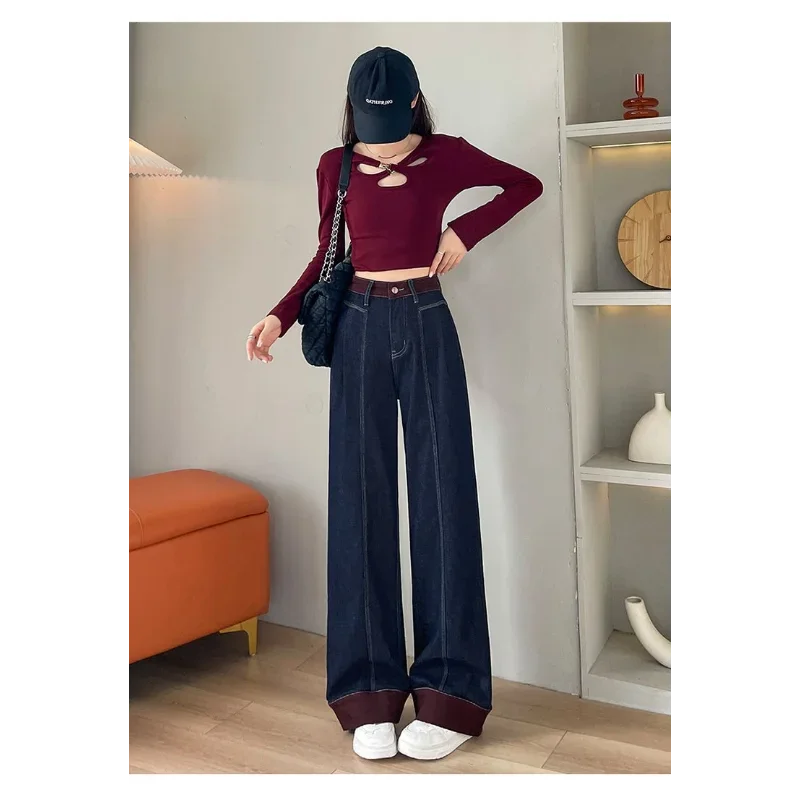 Jeans a gamba dritta in colore a contrasto da donna in primavera e autunno Nuovi pantaloni larghi a gamba larga dal design snellente a vita alta da donna