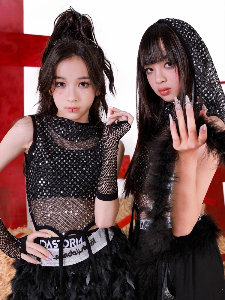 Girls Jazz Dance Costume Sequin Net Tops Baggy Pants Cool Hip Hop Kpop Performance Clothes Set Concert Outfits Group Stage Wear
