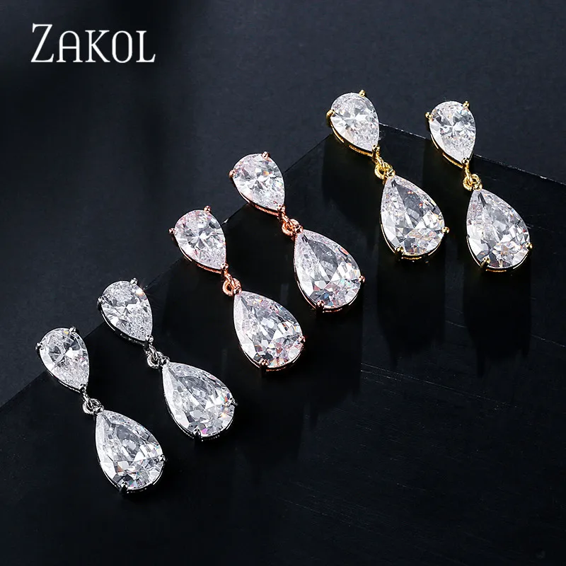 ZAKOL Cute Transparent Crystal Dangle Drop Earrings For Girls Clear Gold Color Women Small Wedding Engagement Jewelry FSEP2516