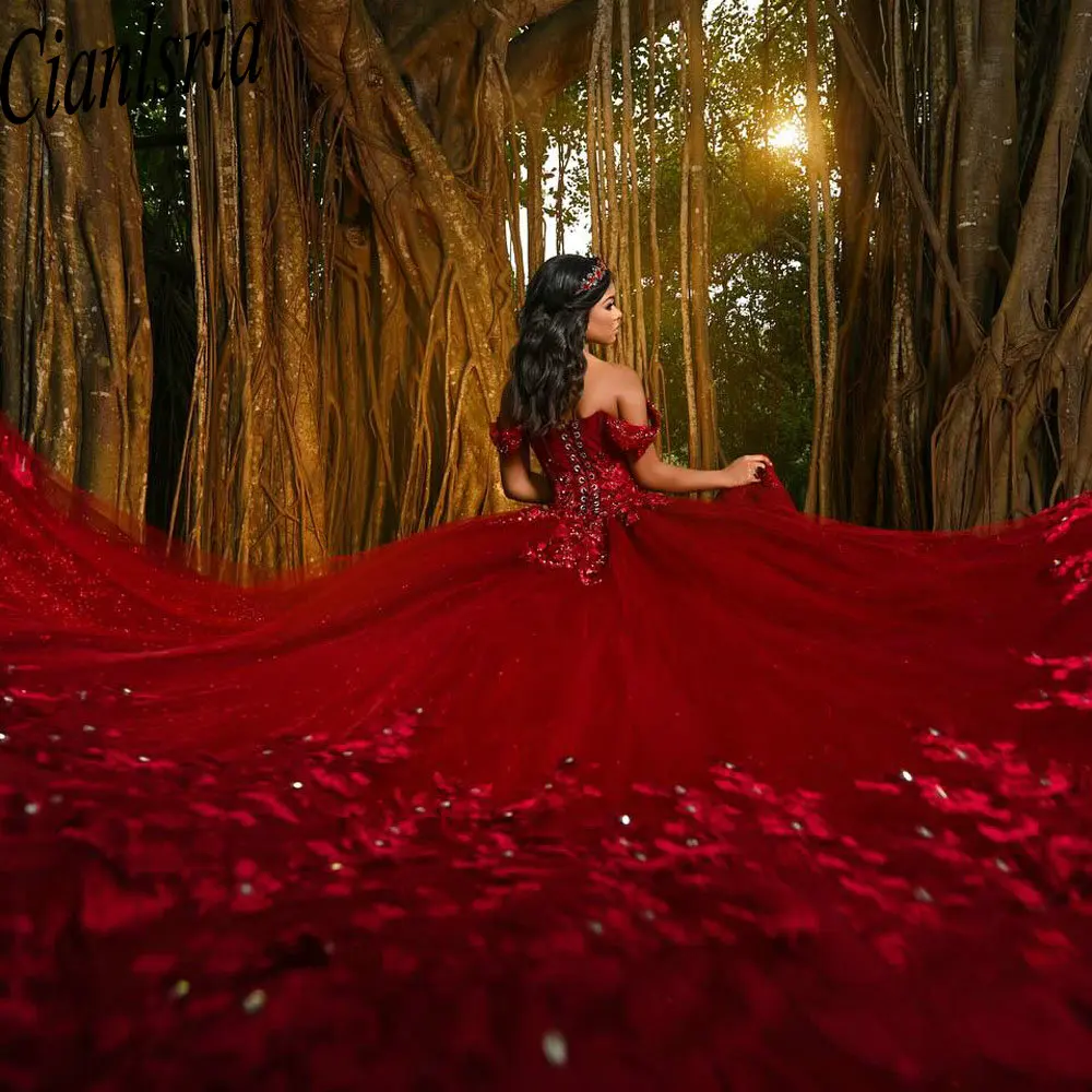 Vestido de quinceañera con apliques de lentejuelas Rojas, vestido de baile con cuentas de encaje, hombros descubiertos, flores 3D, dulce cumpleaños 15