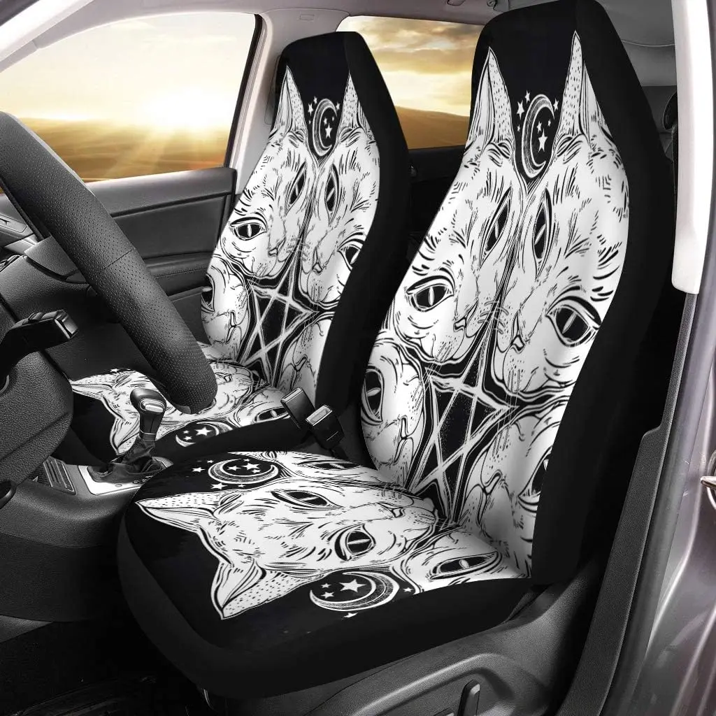 Car Seat Covers Black Cat Head Round Portrait Mandala Moon Pentagram Ideal Set of 2 Auto Accessories Protectors Car Universal