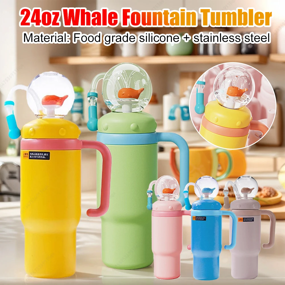 

24 унций пищевая силиконовая бутылка для воды, чашка для воды, герметичная посуда для напитков, стакан из нержавеющей стали с китовым фонтаном и ручкой, соломинка