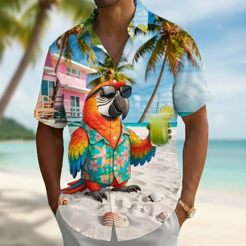 

Trendy Retro Parrot Cocktail Print Short Sleeve Shirt Bold Trendy Casual Outfit Wear Perfect For Summer Holidays And Daily Looks
