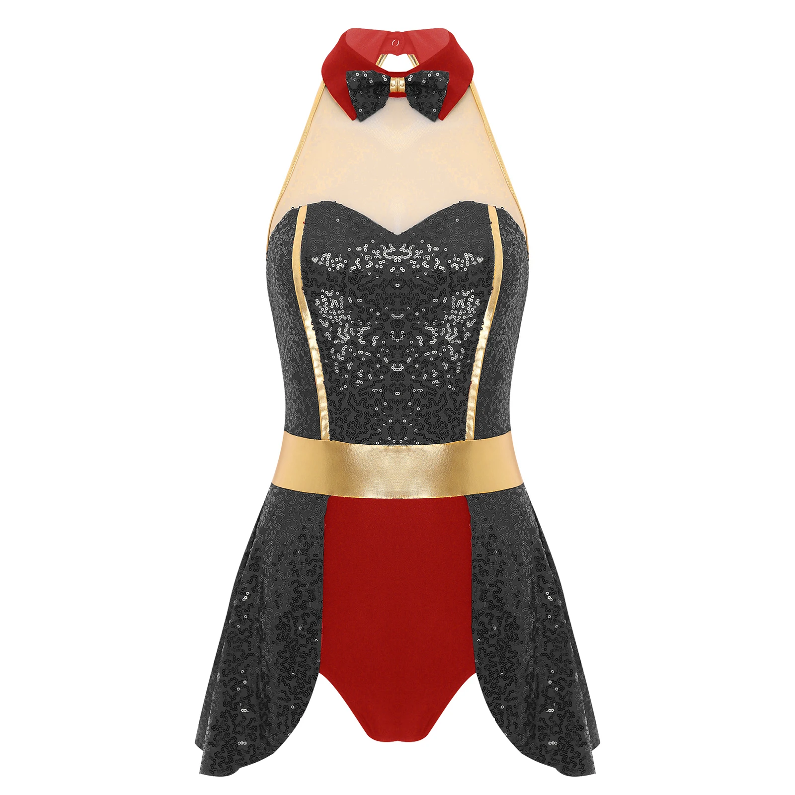 Women Circus Ringmaster Cosplay Bodysuit Sleeveless Sequin Leotard Dress Halloween Carnival Clown Role Play Costume Clubwear