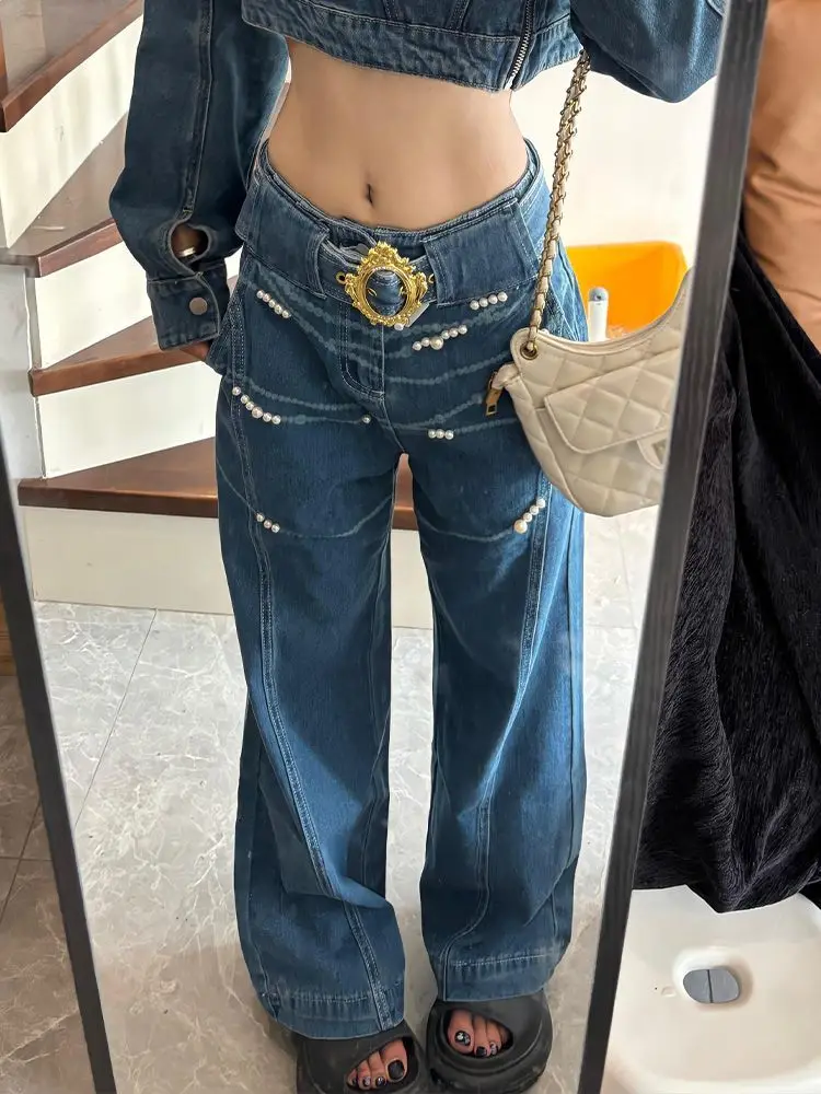 

American Large-Size Retro Washing Pearl Printed Jeans For Women In Summer Design Slim And Versatile Straight Trousers