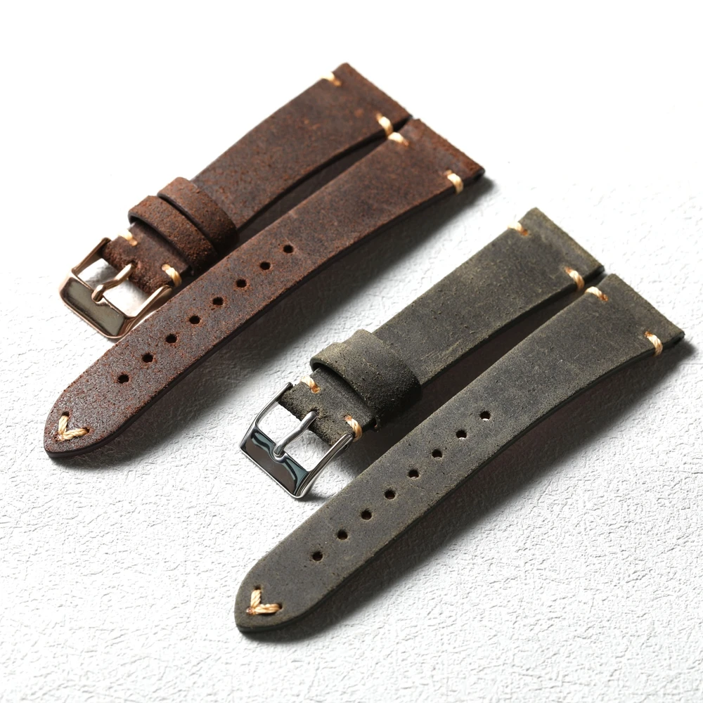 Handgefertigtes ultradünnes Lederarmband, weiches grau-grün-braunes Rindsleder-Uhrenarmband, 18, 19, 20, 21, 22 mm, hochwertiges antikes Armband