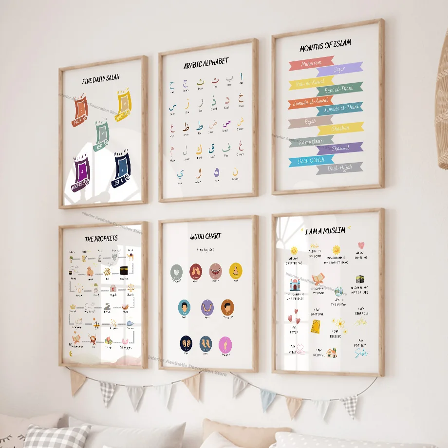 Hebrew Letters Alphabet Jewish Number Day Time Wall Art Canvas Painting Boho Posters Prints Wall Pictures Baby Kids Room Decor