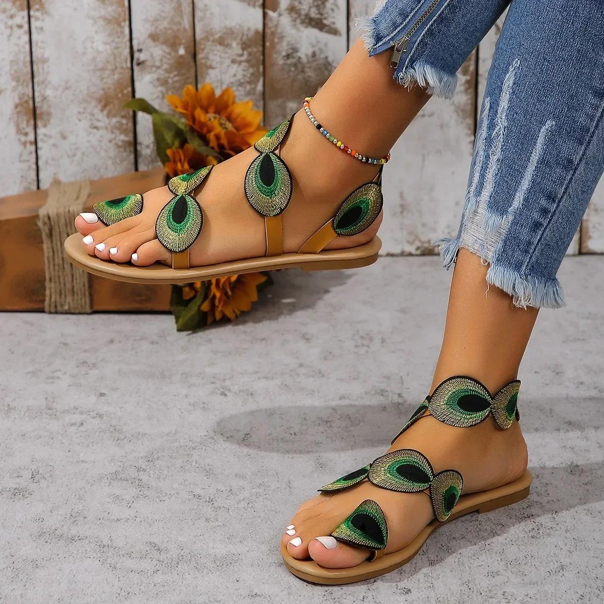 Yellow Embroidered Faux Flower Fashion Sandals Flat Plus Size 43 Summer Outdoor Beach Shoes Travel Mom Shoes  Designer Sandals