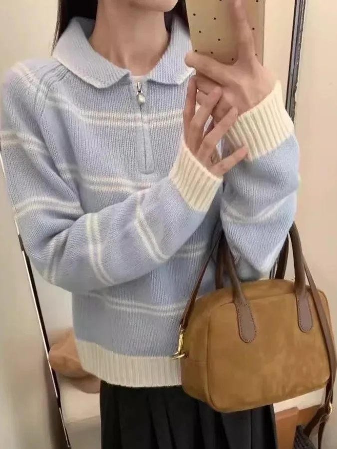 Koreanische Sle Kragen Gestreiften Pullover frauen Herbst Winter Lose Fit f Zip Weiche Gestrickte Top Jugendliche Lange Sve
