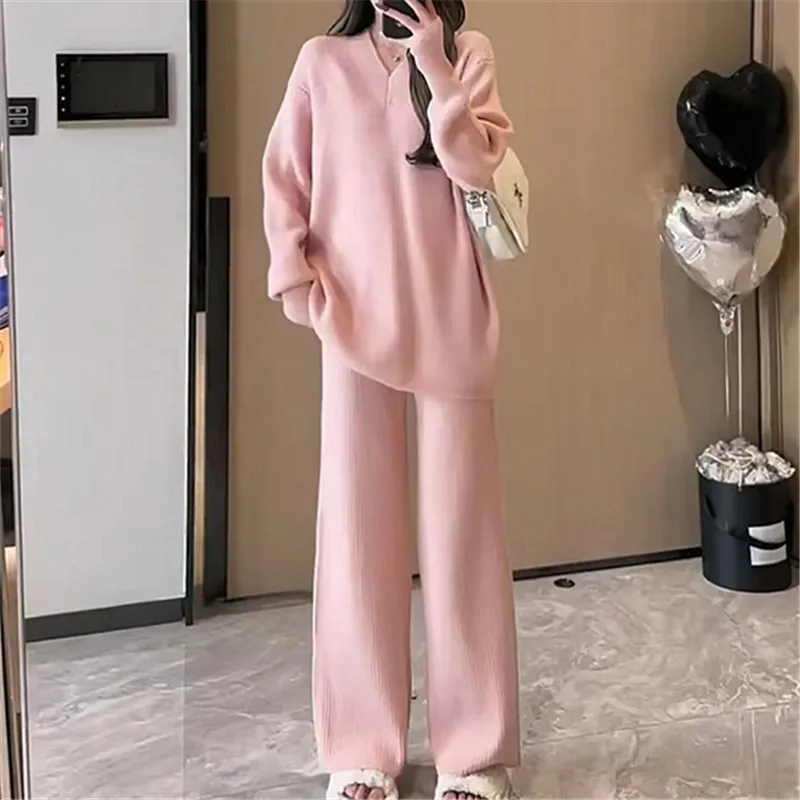 

Solid V Neck Fashion Knitted Suit Women Long Sleeve Top Long Pants Keep Warm Loose Suit Y2k Winter Casual Harajuku Lady Clothes