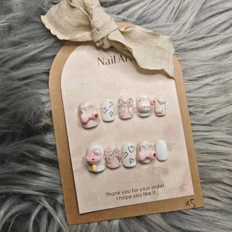 Short Handmade Cute Rabbit Lollipop 3d Press on Acyrlic Nails with Glue Hands Kawaii Girls 10 Pcs Nail Tips with Box and Tools