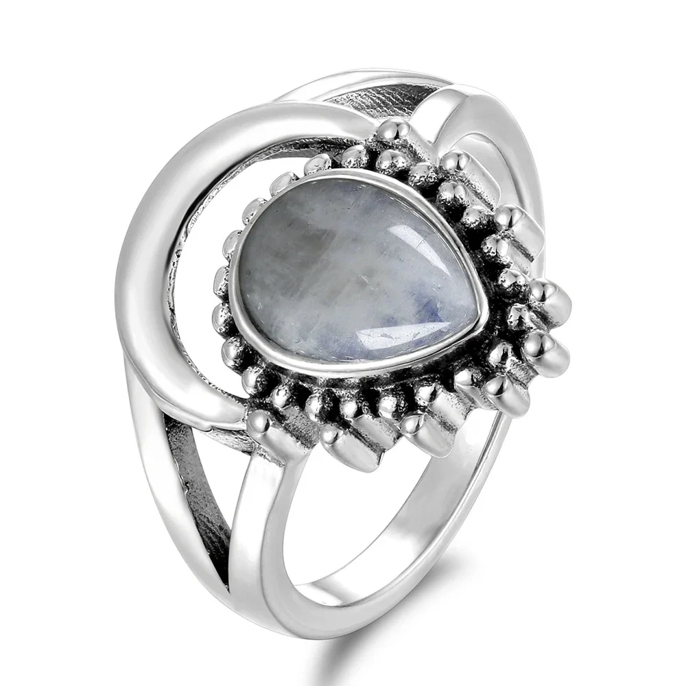 New Vintage S925 Silver Jewelry Finger Rings For Men Women 7x9MM Water Drop Natural Moonstones Weeding Anniversary Party Gifts