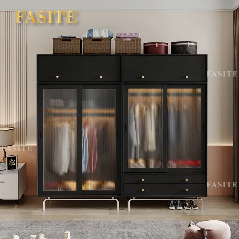 For Nordic Solid Wood Wardrobe Household Small Apartment Sliding Glass Double Door Storage Cabinet Bedroom Simple Black