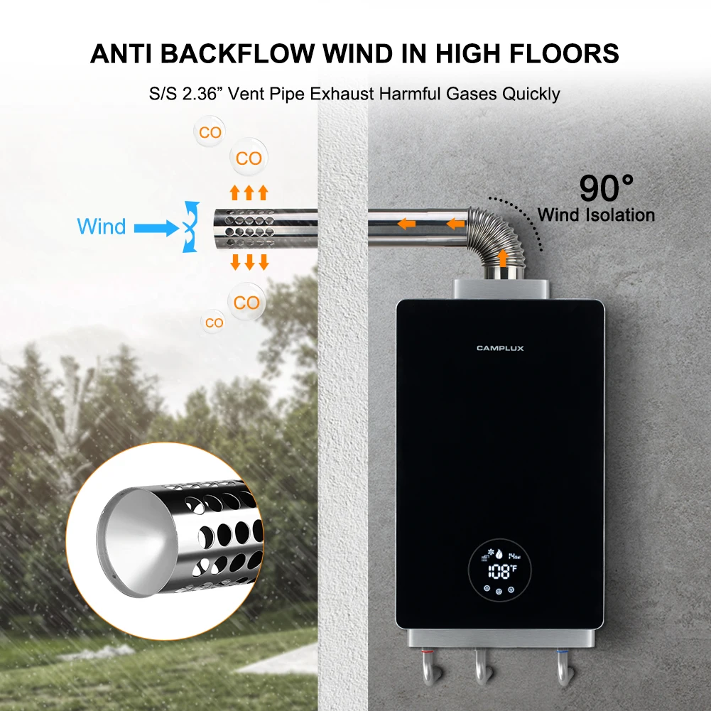 CAMPLUX 3.18GPM Propane Tankless Hot Water Heater Indoor On Demand Instant Gas Water Heater for Continuous Hot Water Supply