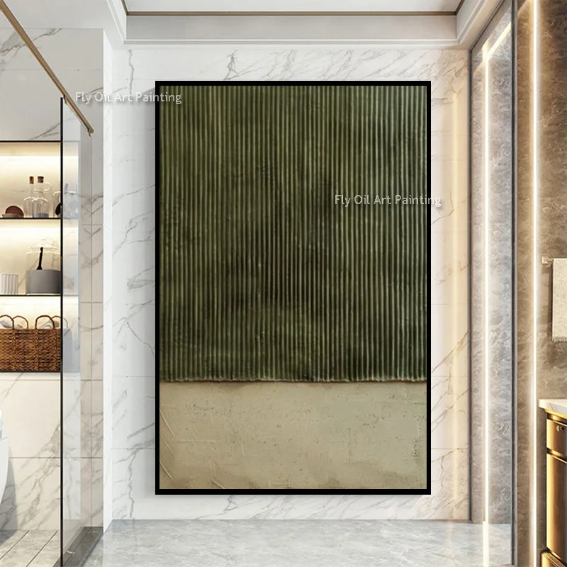 Olive Beige Canvas Vertical Ridged Wall Art Abstract Color Block Hand Painted Oil Painting Minimal Wall Decor For Bathroom Hall