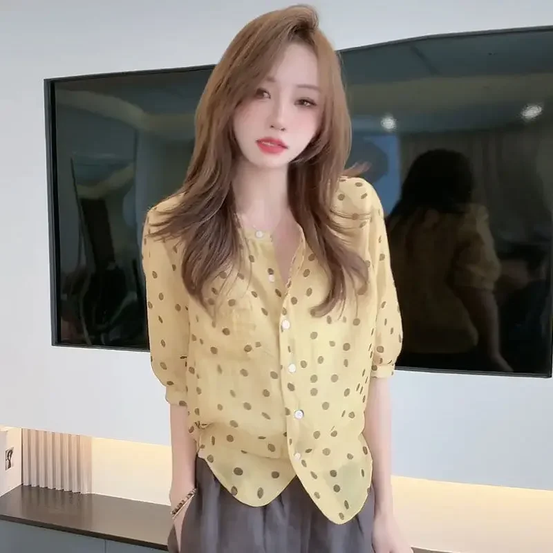 

Summer European-style Polka Dot Chiffon Blouse Loose Top Belly-covering And Slimming Mid-sleeve Or Short Sleeve